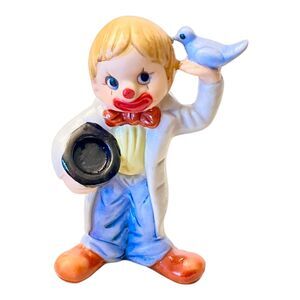 VTG 1985 Enesco Circus CLOWN FIGURINE Magician Hat Blue Bird 3" Porcelain Boy